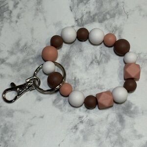 Brown and White Beaded Wristlet Keychain